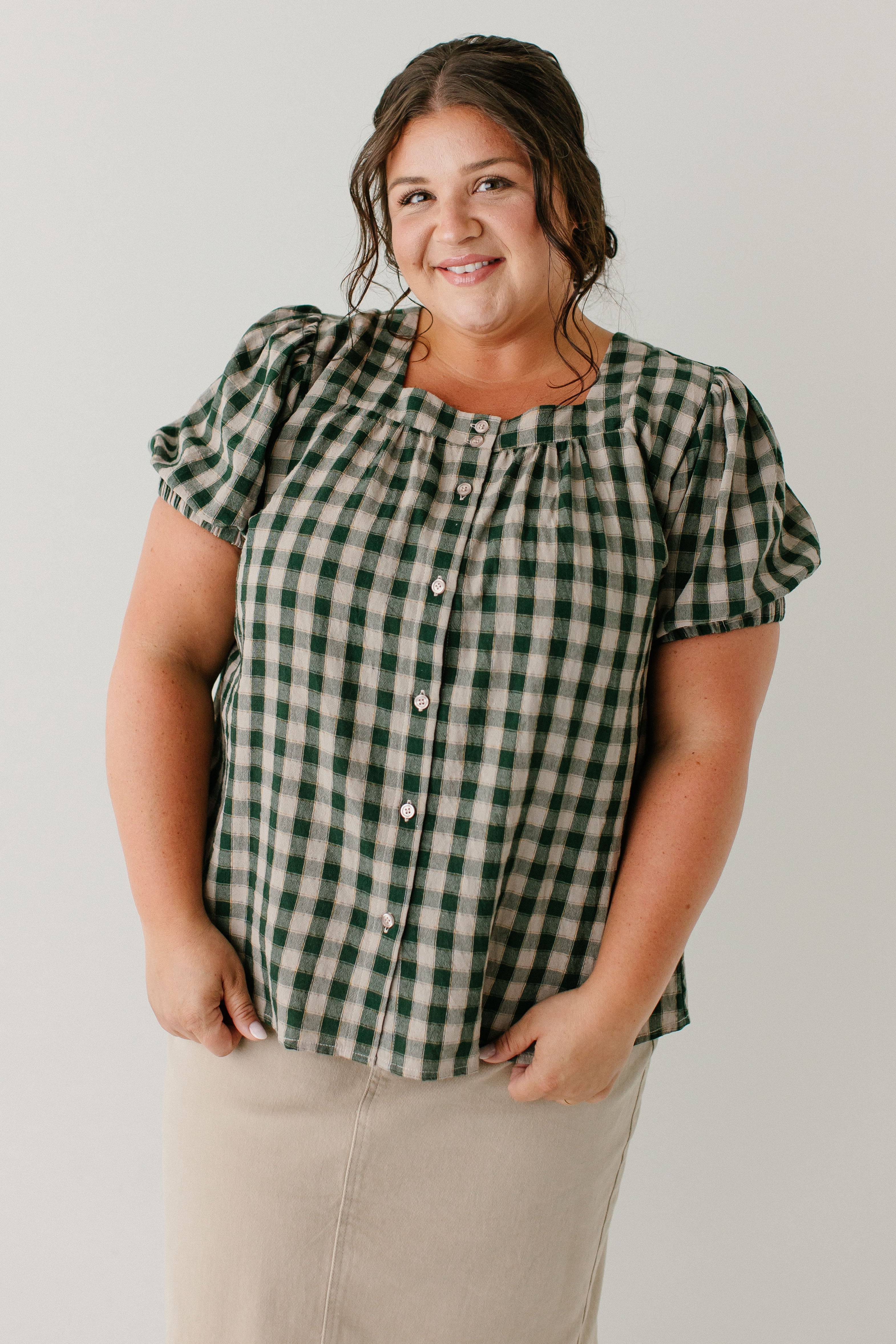 'Sadie' Green Gingham Short Sleeve Blouse