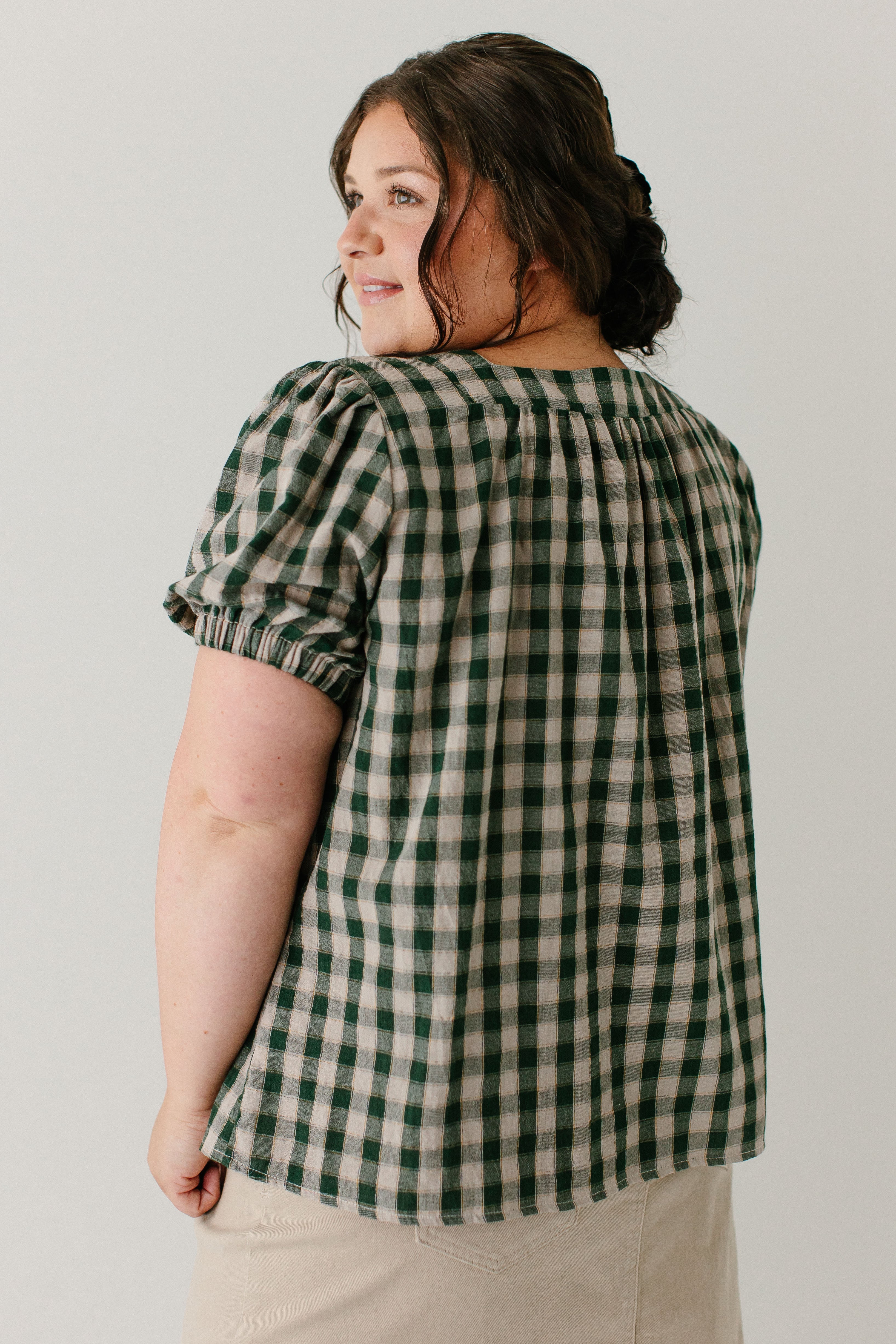 'Sadie' Green Gingham Short Sleeve Blouse