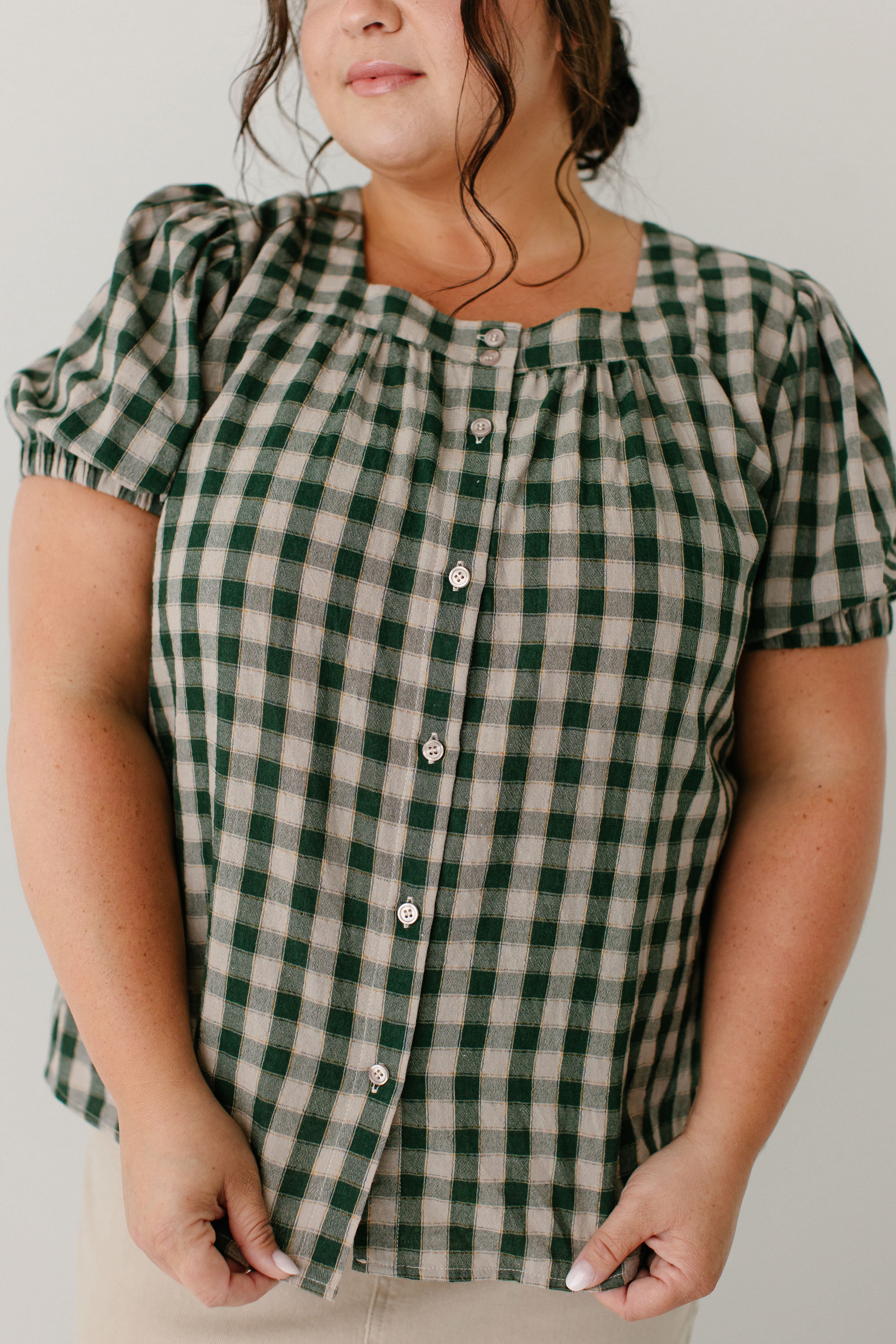 'Sadie' Green Gingham Short Sleeve Blouse