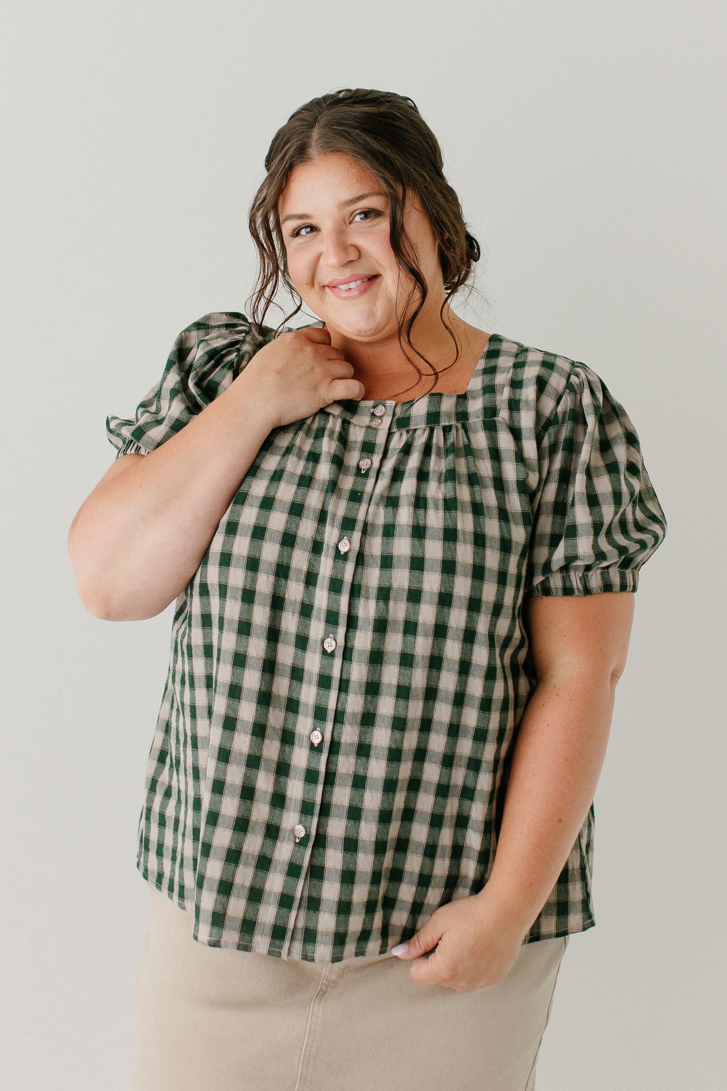 'Sadie' Green Gingham Short Sleeve Blouse