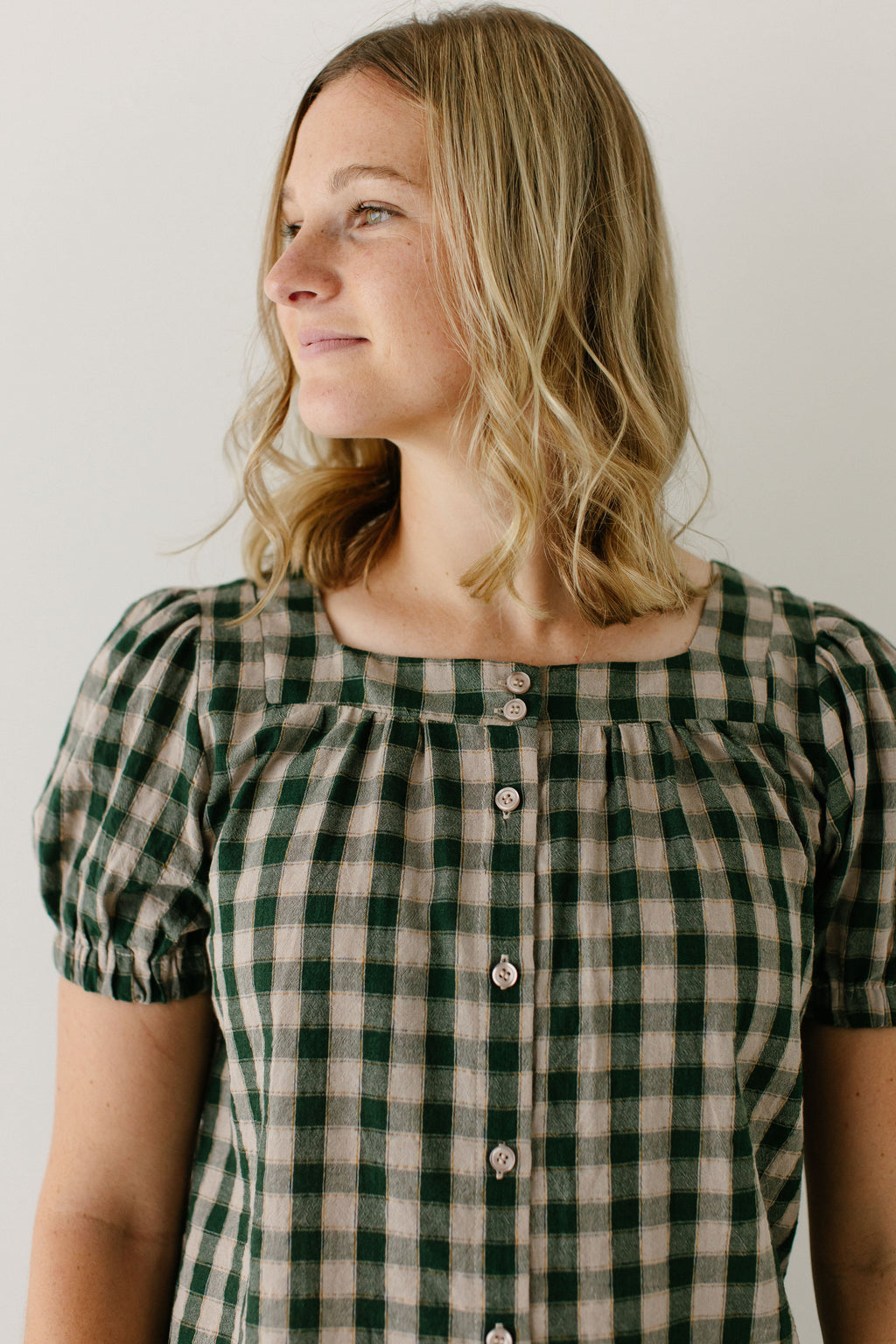 'Sadie' Green Gingham Short Sleeve Blouse