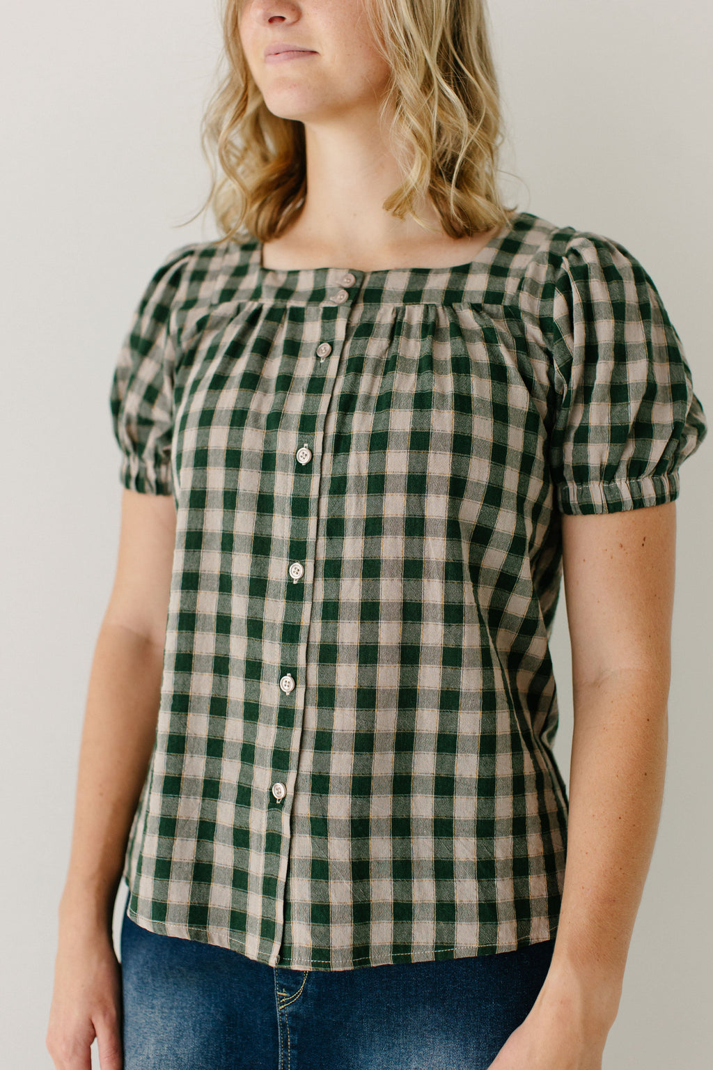 'Sadie' Green Gingham Short Sleeve Blouse