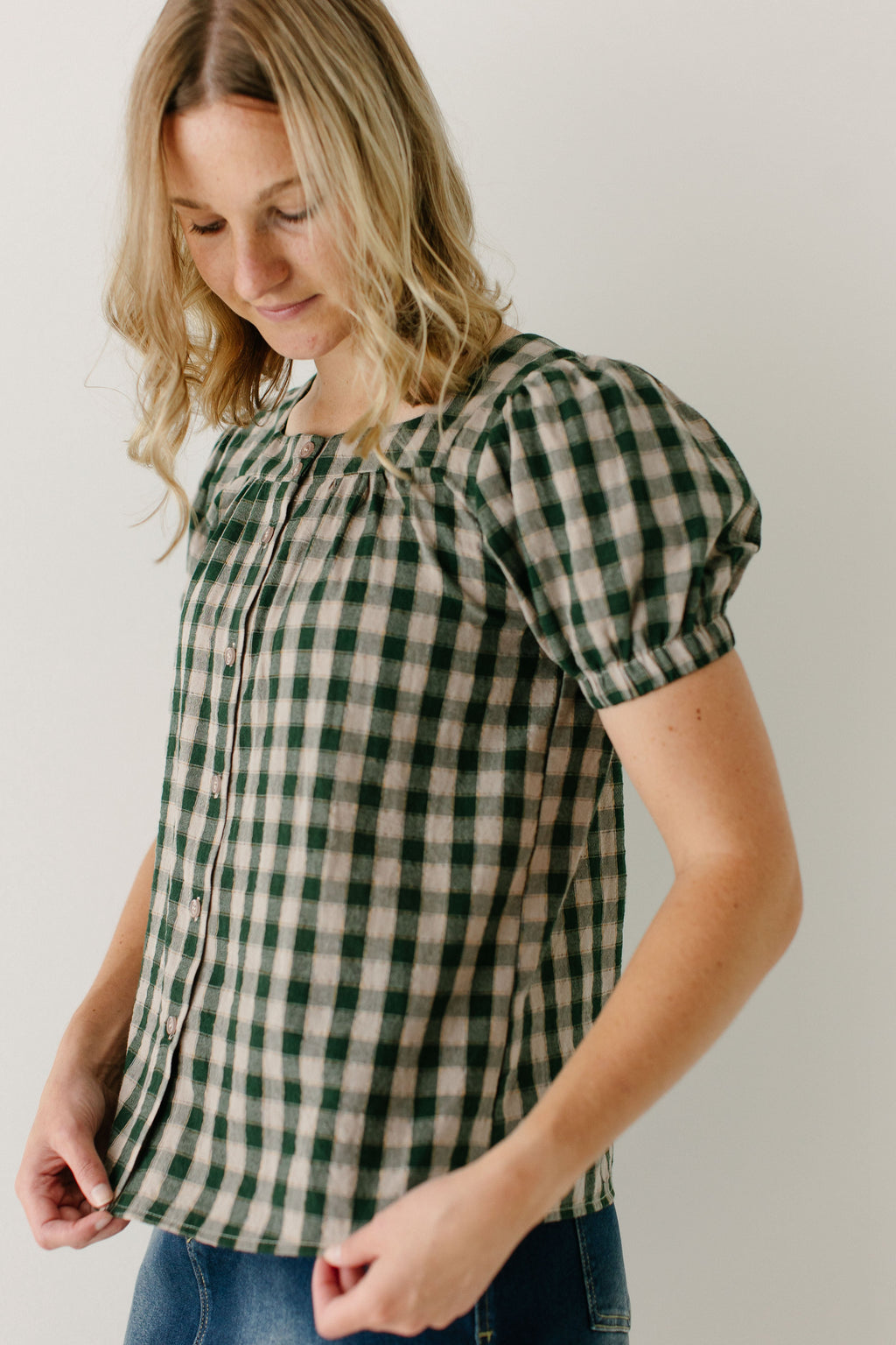 'Sadie' Green Gingham Short Sleeve Blouse
