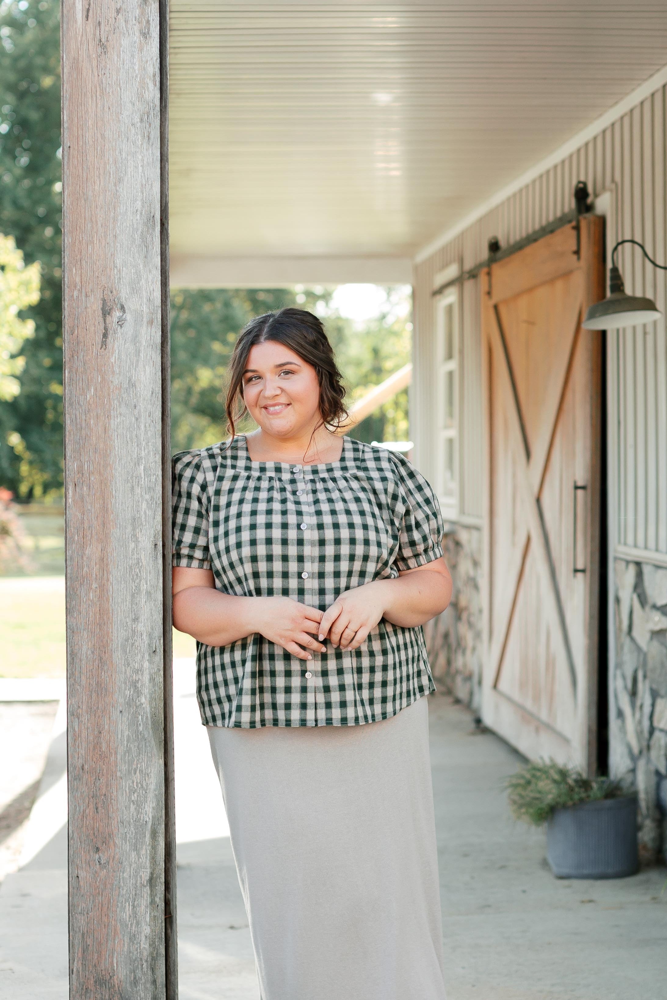 'Sadie' Green Gingham Short Sleeve Blouse